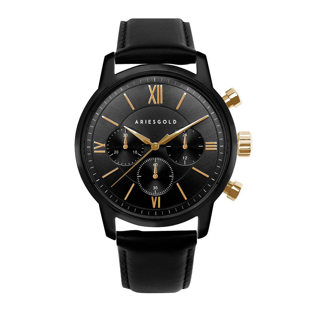 ARIES GOLD URBAN ETERNAL BLACK STAINLESS STEEL G 1027 BKG-BKG BLACK LEATHER STRAP MEN'S WATCH - H2 Hub Watches