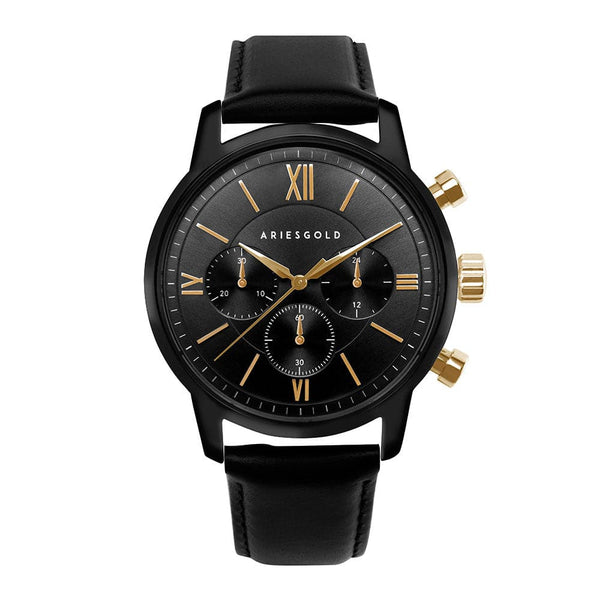 ARIES GOLD URBAN ETERNAL BLACK STAINLESS STEEL G 1027 BKG-BKG BLACK LEATHER STRAP MEN'S WATCH - H2 Hub Watches