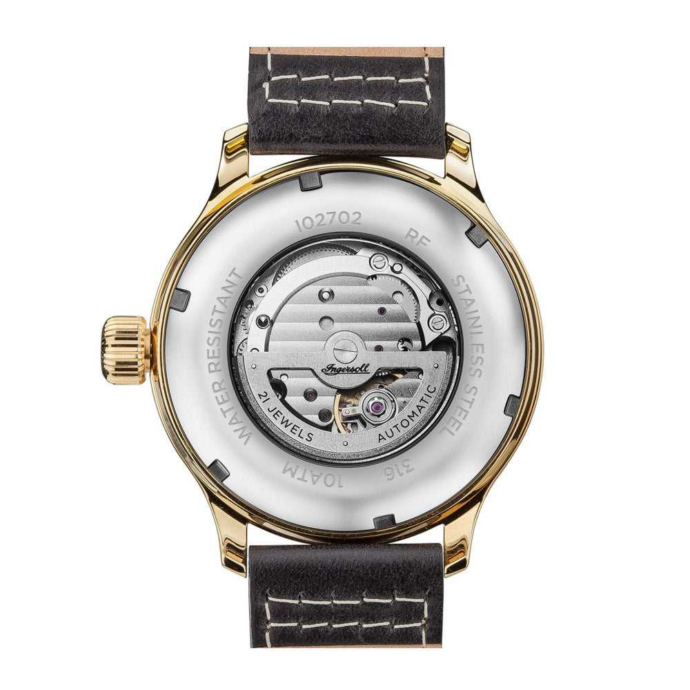 INGERSOLL DISCOVERY THE APSLEY AUTOMATIC GOLD STAINLESS STEEL 102702 BLACK LEATHER STRAP MEN'S WATCH - H2 Hub Watches