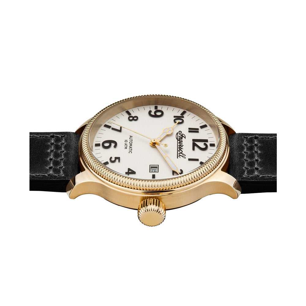 INGERSOLL DISCOVERY THE APSLEY AUTOMATIC GOLD STAINLESS STEEL 102702 BLACK LEATHER STRAP MEN'S WATCH - H2 Hub Watches