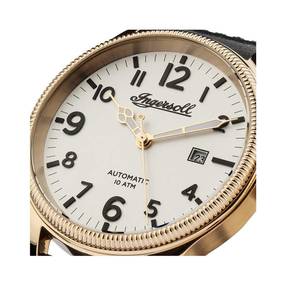 INGERSOLL DISCOVERY THE APSLEY AUTOMATIC GOLD STAINLESS STEEL 102702 BLACK LEATHER STRAP MEN'S WATCH - H2 Hub Watches