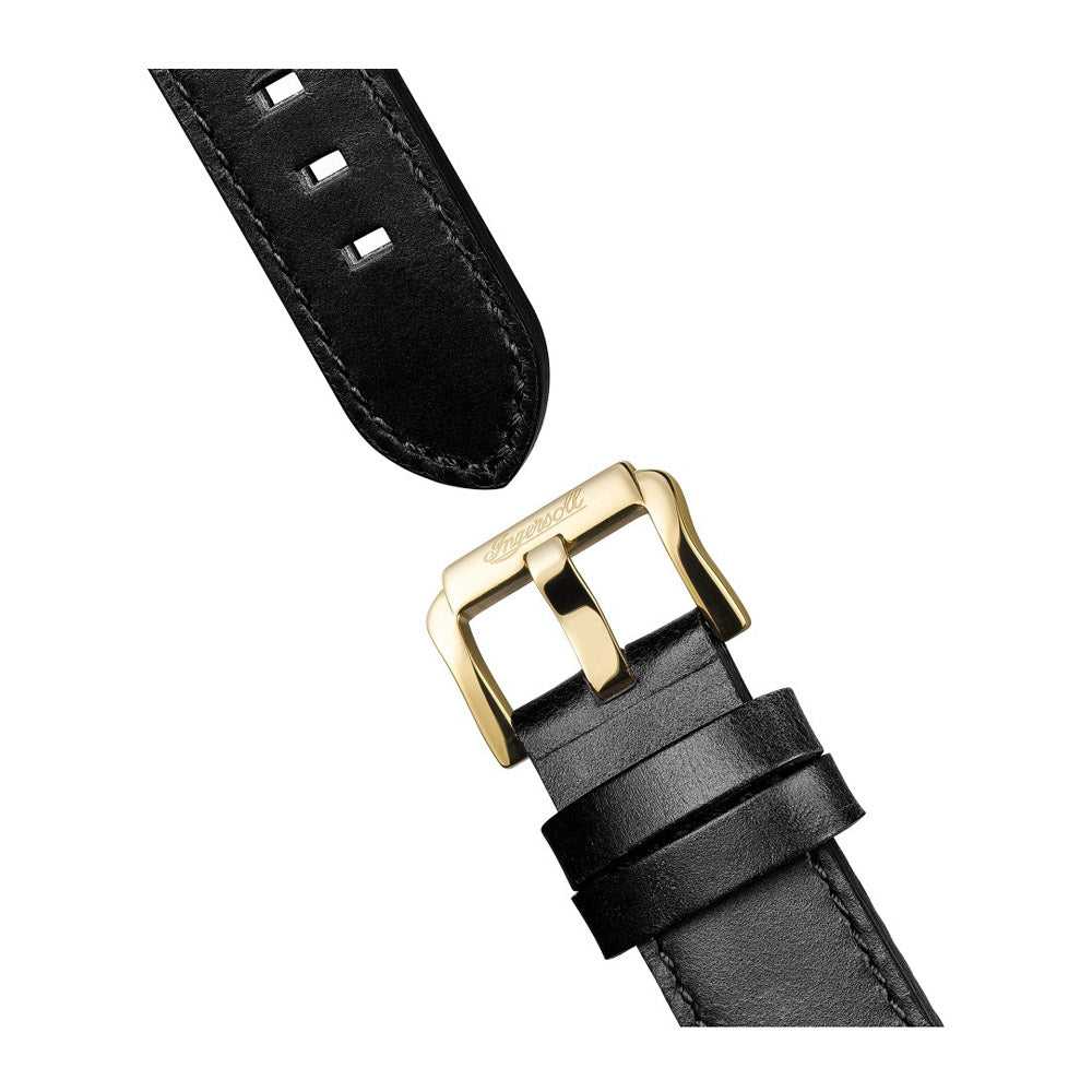 INGERSOLL DISCOVERY THE APSLEY AUTOMATIC GOLD STAINLESS STEEL 102702 BLACK LEATHER STRAP MEN'S WATCH - H2 Hub Watches