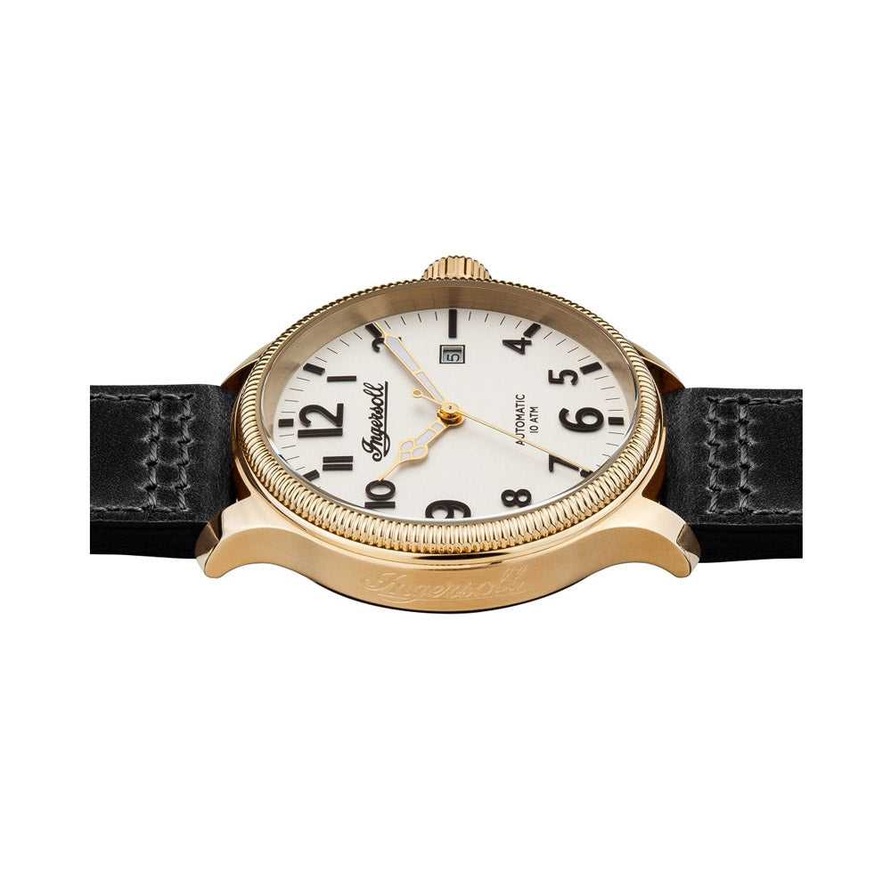 INGERSOLL DISCOVERY THE APSLEY AUTOMATIC GOLD STAINLESS STEEL 102702 BLACK LEATHER STRAP MEN'S WATCH - H2 Hub Watches