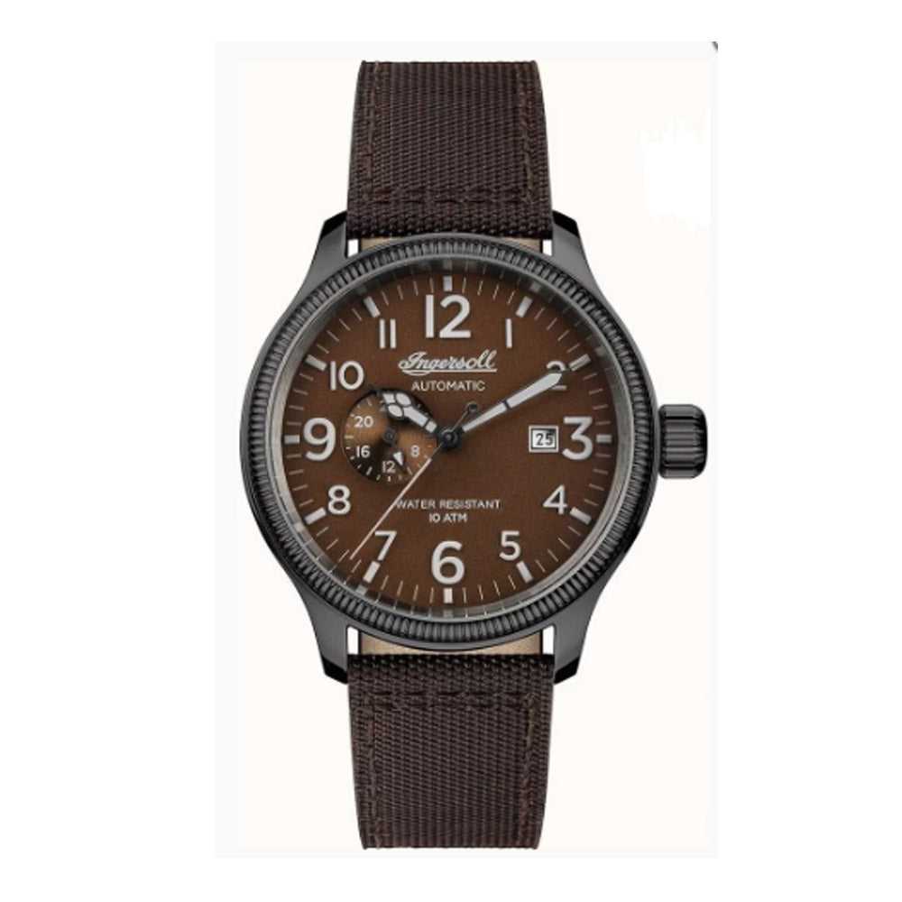 INGERSOLL DISCOVERY THE APSLEY AUTOMATIC GREY STAINLESS STEEL 102803 BROWN NYLON STRAP MEN'S WATCH - H2 Hub Watches