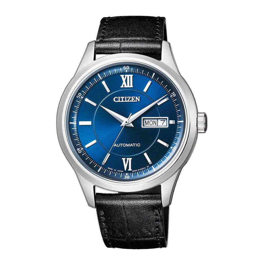 CITIZEN NY4050-03LB AUTOMATIC SILVER STAINLESS STEEL BLACK LEATHER STRAP MEN'S WATCH - H2 Hub Watches