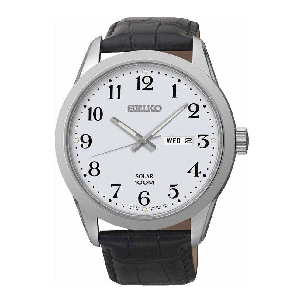 SEIKO GENERAL SNE371P1 SOLAR MEN'S BLACK LEATHER STRAP WATCH - H2 Hub Watches