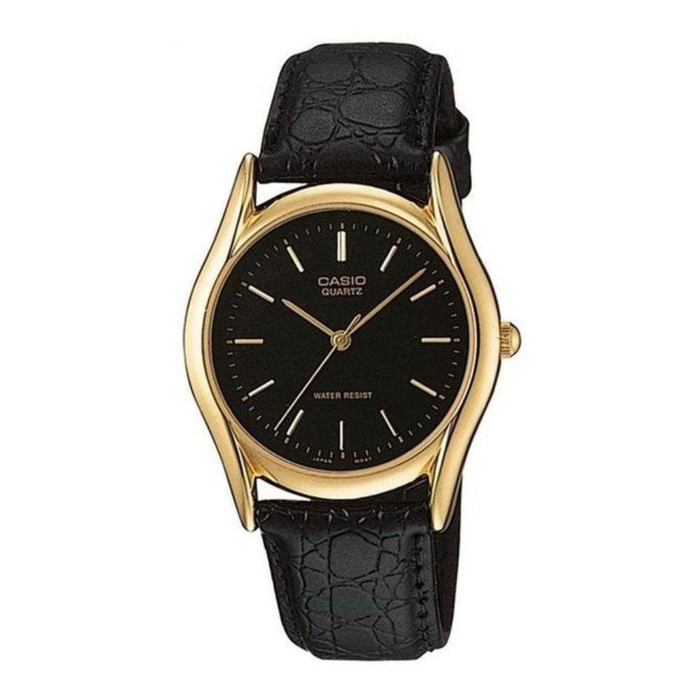 CASIO GENERAL MTP-1094Q-1A QUARTZ GOLD STAINLESS STEEL BLACK LEATHER STRAP MEN'S WATCH - H2 Hub Watches