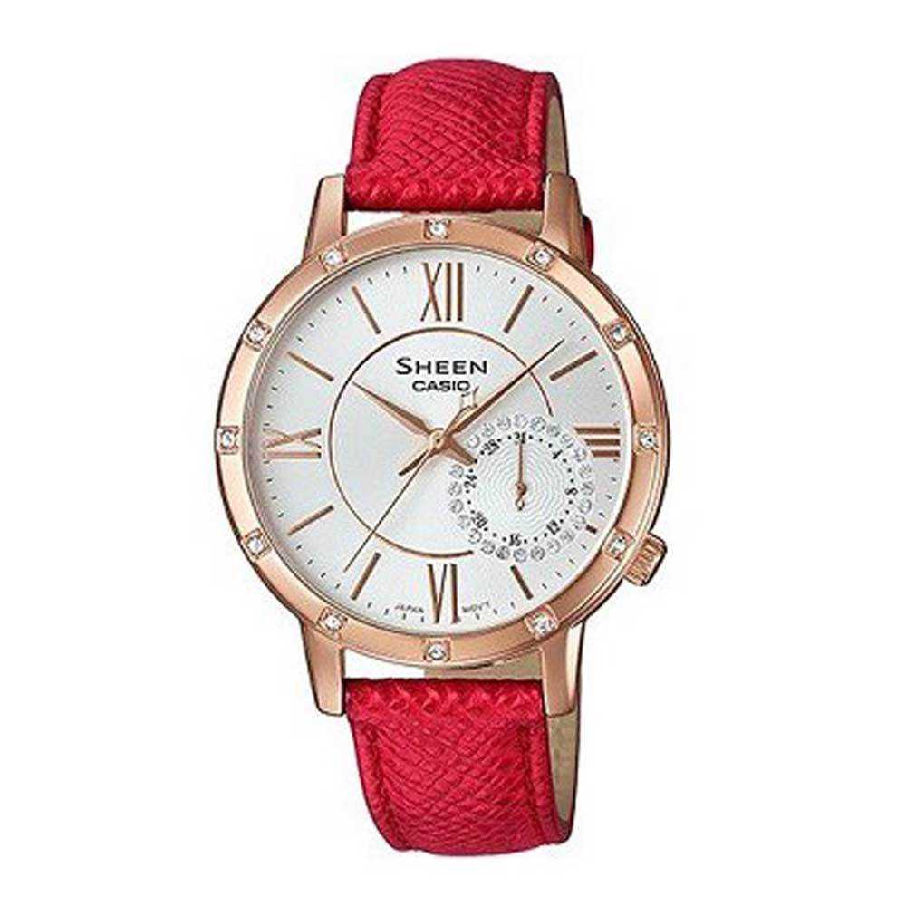 CASIO SHEEN SHE-3046GLP-7BUDR QUARTZ ROSE GOLD STAINLESS STEEL PINK LEATHER STRAP WOMEN'S WATCH - H2 Hub Watches
