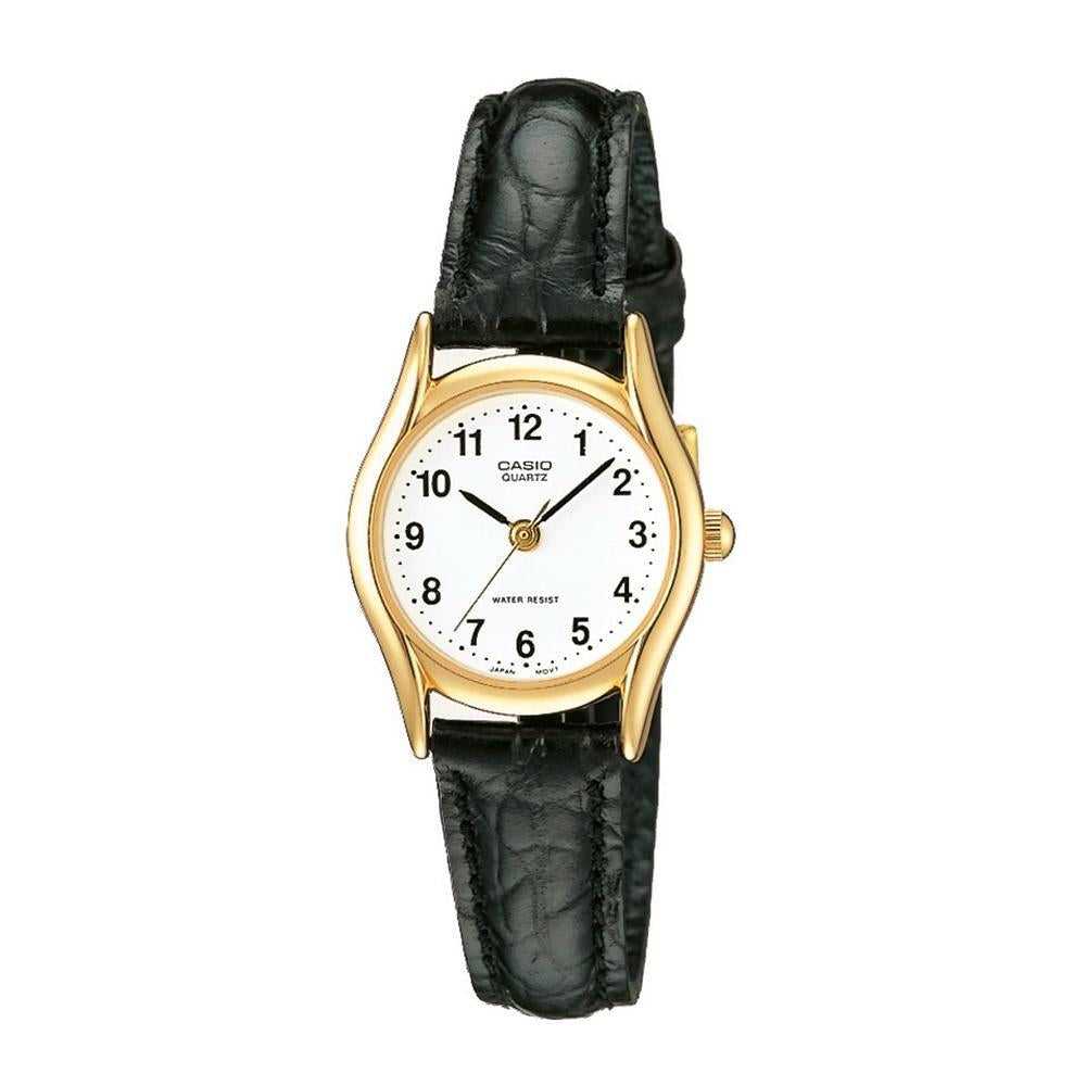 CASIO GENERAL LTP-1094Q-7B1RDF QUARTZ GOLD STAINLESS STEEL BLACK LEATHER STRAP WOMEN'S WATCH - H2 Hub Watches