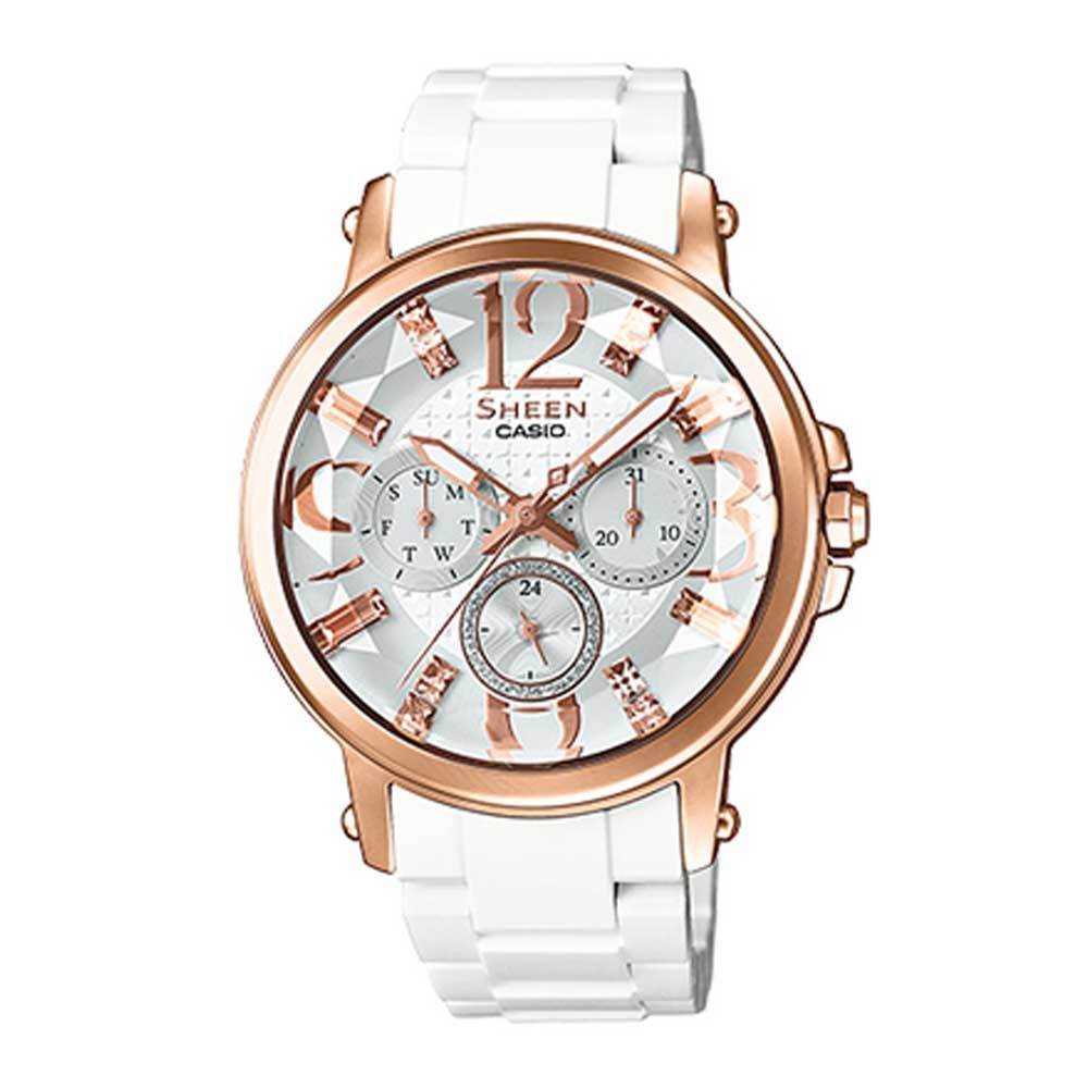 CASIO SHEEN SHE-3035-7AUDR QUARTZ ROSE GOLD STAINLESS STEEL WHITE SILICONE STRAP WOMEN'S WATCH - H2 Hub Watches