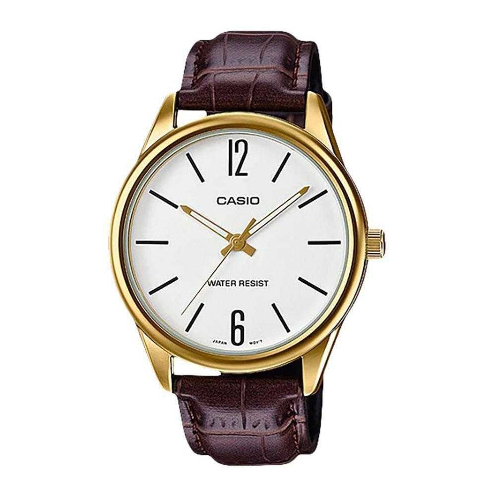 CASIO GENERAL MTP-V005GL-7BUDF QUARTZ GOLD STAINLESS STEEL BROWN LEATHER STRAP MEN'S WATCH - H2 Hub Watches