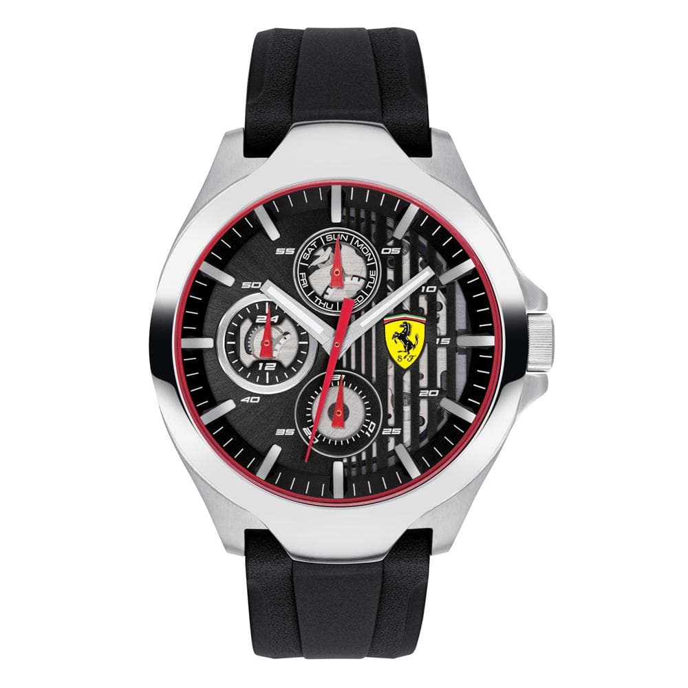 FERRARI SCUDERIA ANALOG QUARTZ SILVER STAINLESS STEEL 0830510 BLACK RUBBER STRAP MEN'S WATCH - H2 Hub Watches
