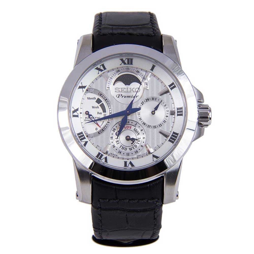 SEIKO PREMIER KINETIC SRX011P2 MEN'S BLACK LEATHER STRAP WATCH - H2 Hub Watches