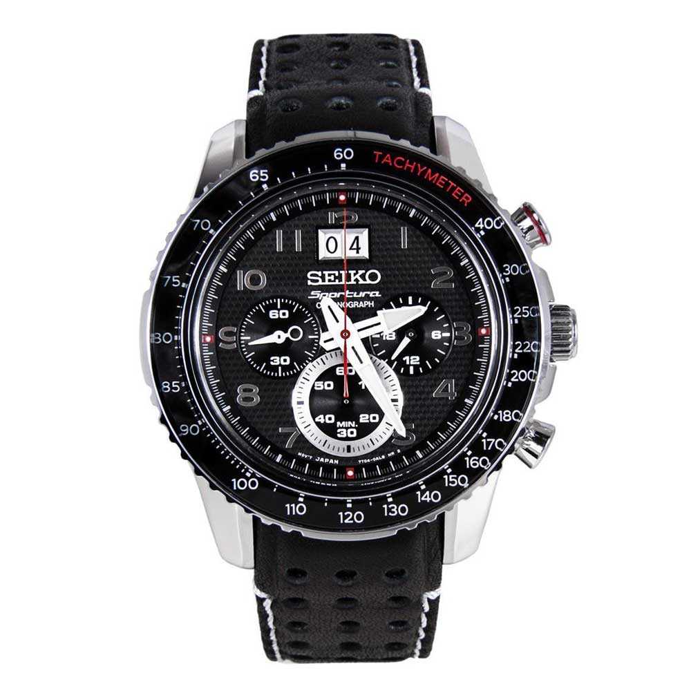 SEIKO GENERAL SPORTURA SPC139P1 CHRONOGRAPH MEN'S BLACK LEATHER STRAP WATCH - H2 Hub Watches