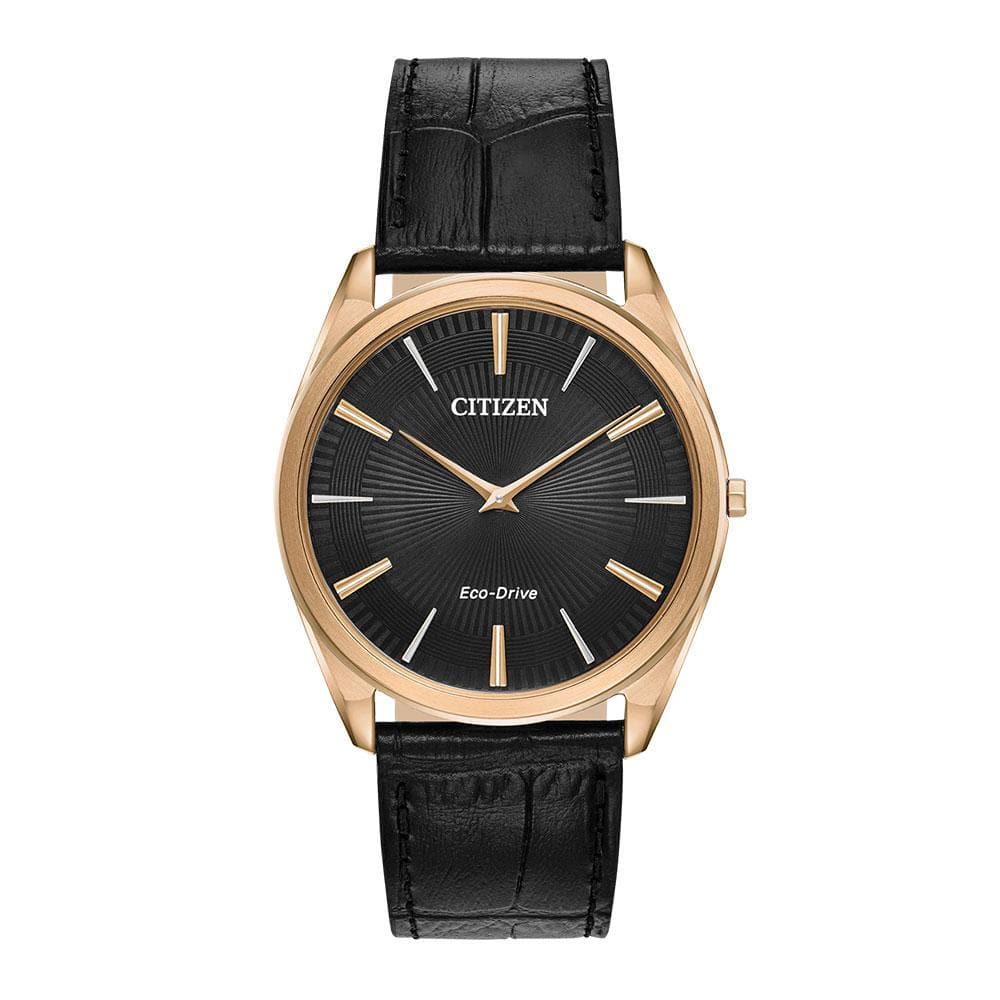CITIZEN AR3073-06E STILETTO ECO-DRIVE CHRONOGRAPH ROSE GOLD STAINLESS STEEL BLACK LEATHER STRAP MEN'S WATCH - H2 Hub Watches