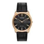 CITIZEN AR3073-06E STILETTO ECO-DRIVE CHRONOGRAPH ROSE GOLD STAINLESS STEEL BLACK LEATHER STRAP MEN'S WATCH - H2 Hub Watches