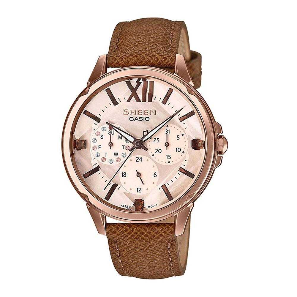 CASIO SHEEN SHE-3056PGL-7AUDF QUARTZ ROSE GOLD STAINLESS STEEL BROWN LEATHER STRAP WOMEN'S WATCH - H2 Hub Watches