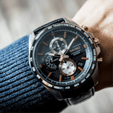 SEIKO GENERAL SSB265P1 CHRONOGRAPH MEN'S BLACK LEATHER STRAP WATCH - H2 Hub Watches
