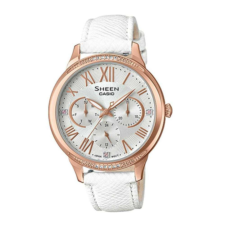 CASIO SHEEN SHE-3058LTD-7AUDR QUARTZ ROSE GOLD STAINLESS STEEL WHITE LEATHER STRAP WOMEN'S WATCH - H2 Hub Watches