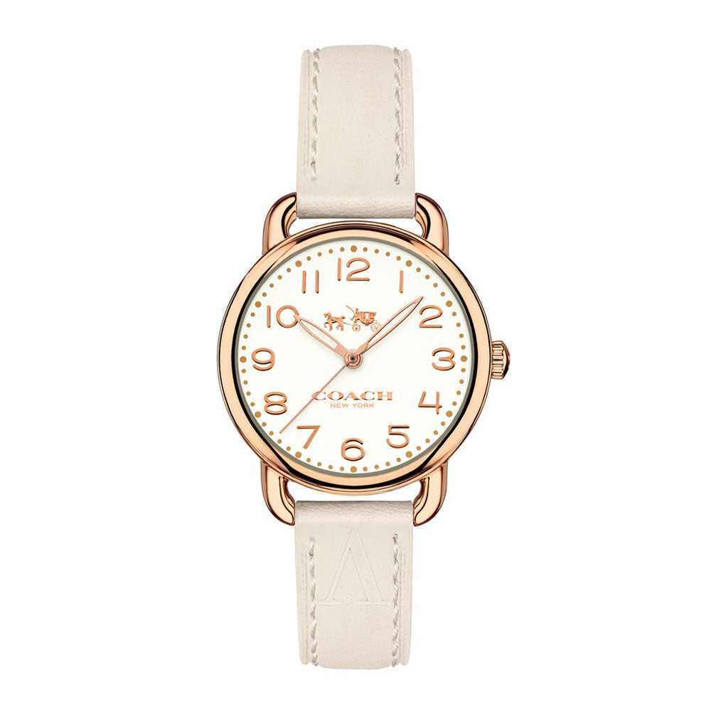 COACH DELANCY ANALOG QUARTZ ROSE GOLD STAINLESS STEEL 14502707 WHITE LEATHER STRAP WOMEN'S WATCH - H2 Hub Watches