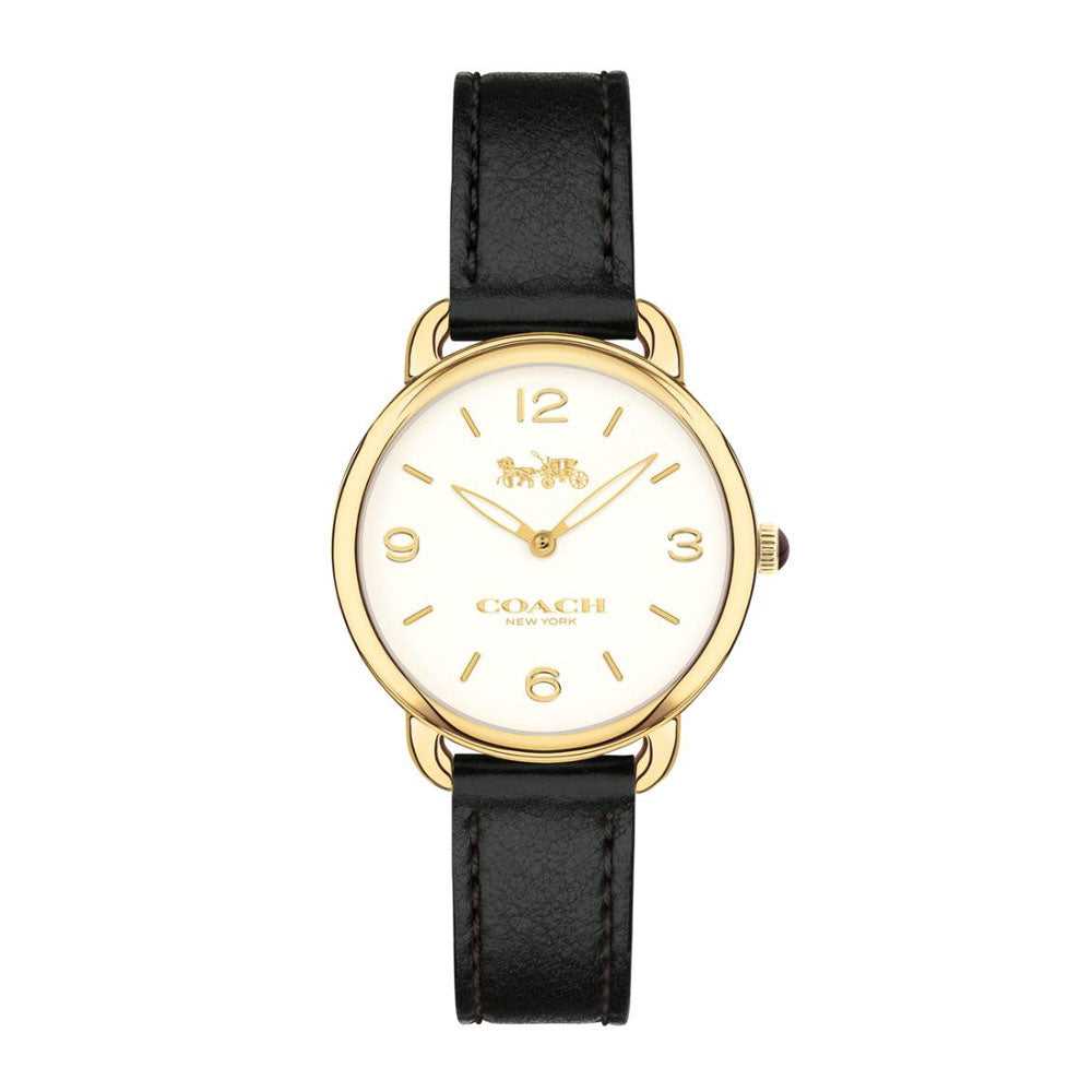 COACH DELANCEY ANALOG QUARTZ GOLD STAINLESS STEEL 14502791 BLACK LEATHER STRAP WOMEN'S WATCH - H2 Hub Watches