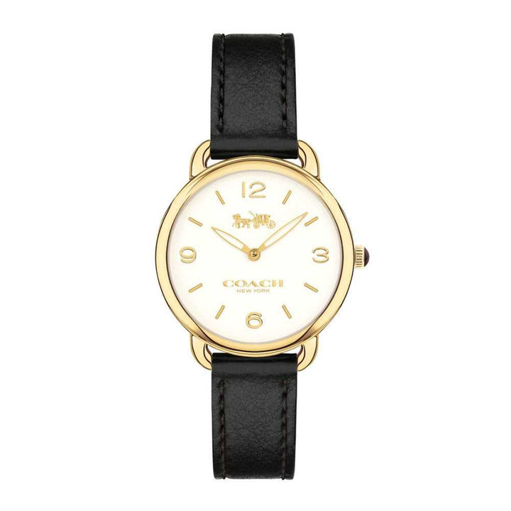 COACH DELANCEY ANALOG QUARTZ GOLD STAINLESS STEEL 14502791 BLACK LEATHER STRAP WOMEN'S WATCH - H2 Hub Watches