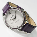 COACH DELANCEY ANALOG QUARTZ PURPLE CRYSTAL SILVER STAINLESS STEEL 14502886 LEATHER STRAP WOMEN'S WATCH