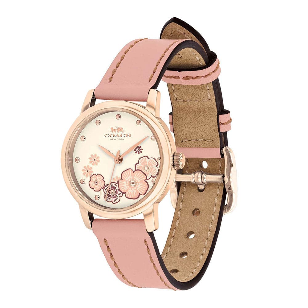 COACH GRAND ANALOG QUARTZ GOLD STAINLESS STEEL 14503060 PINK LEATHER STRAP WOMEN'S WATCH - H2 Hub Watches