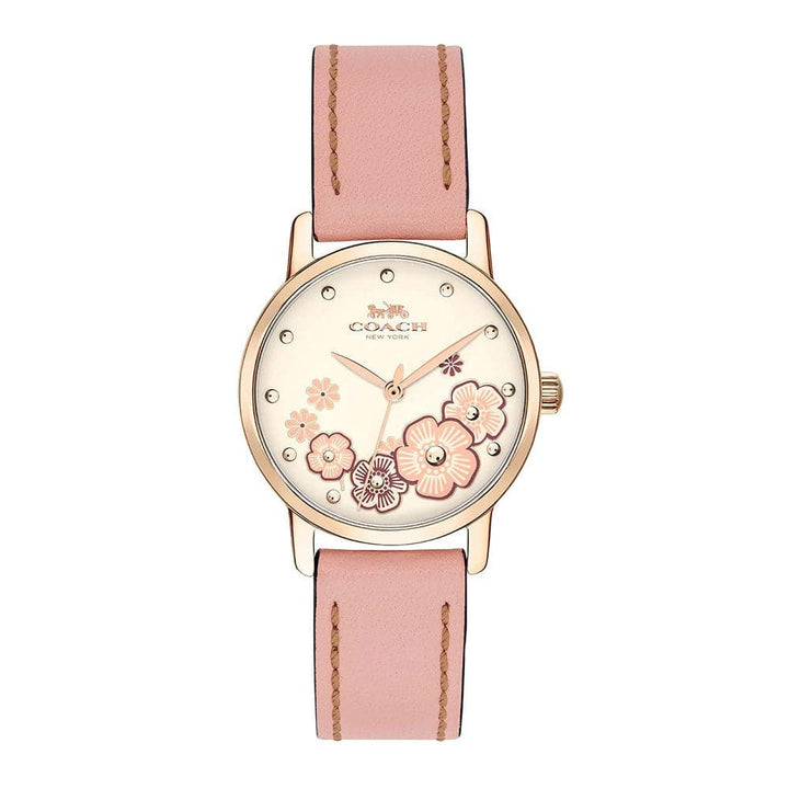 COACH GRAND ANALOG QUARTZ GOLD STAINLESS STEEL 14503060 PINK LEATHER STRAP WOMEN'S WATCH - H2 Hub Watches