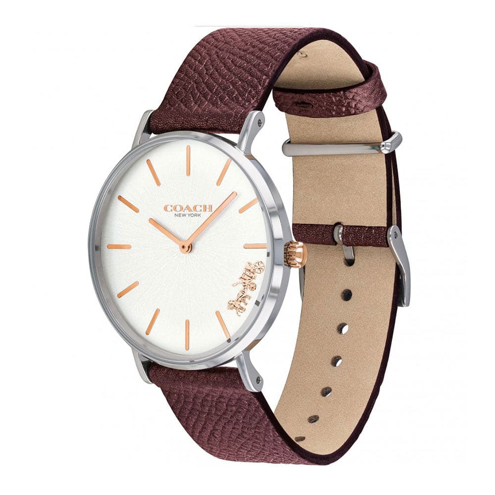 COACH PERRY ANALOG QUARTZ SILVER STAINLESS STEEL 14503154 BURGUNDY LEATHER STRAP WOMEN'S WATCH - H2 Hub Watches