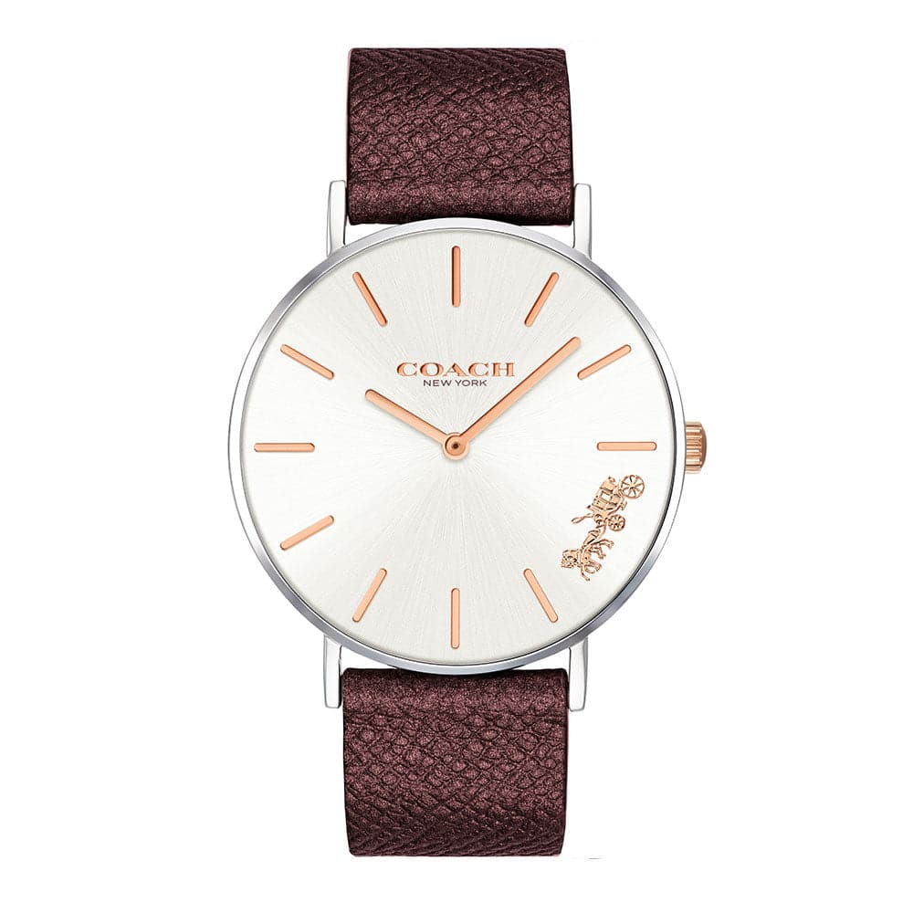 COACH PERRY ANALOG QUARTZ SILVER STAINLESS STEEL 14503154 BURGUNDY LEATHER STRAP WOMEN'S WATCH - H2 Hub Watches