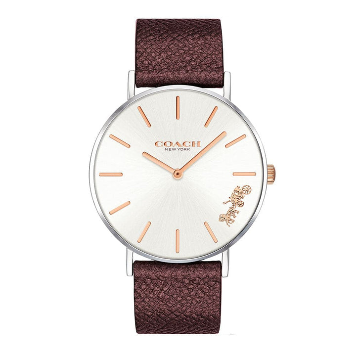 COACH PERRY ANALOG QUARTZ SILVER STAINLESS STEEL 14503154 BURGUNDY LEATHER STRAP WOMEN'S WATCH - H2 Hub Watches