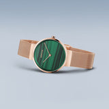Bering Classic Green Dial Rose Gold Stainless Steel Strap Women 14531-368