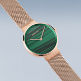 Bering Classic Green Dial Rose Gold Stainless Steel Strap Women 14531-368