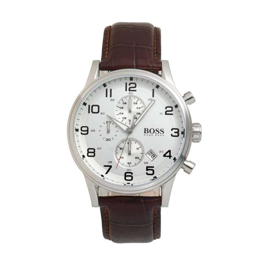 HUGO BOSS CHRONOGRAPH SILVER STAINLESS STEEL 1512447 BROWN LEATHER STRAP MEN'S WATCH - H2 Hub Watches