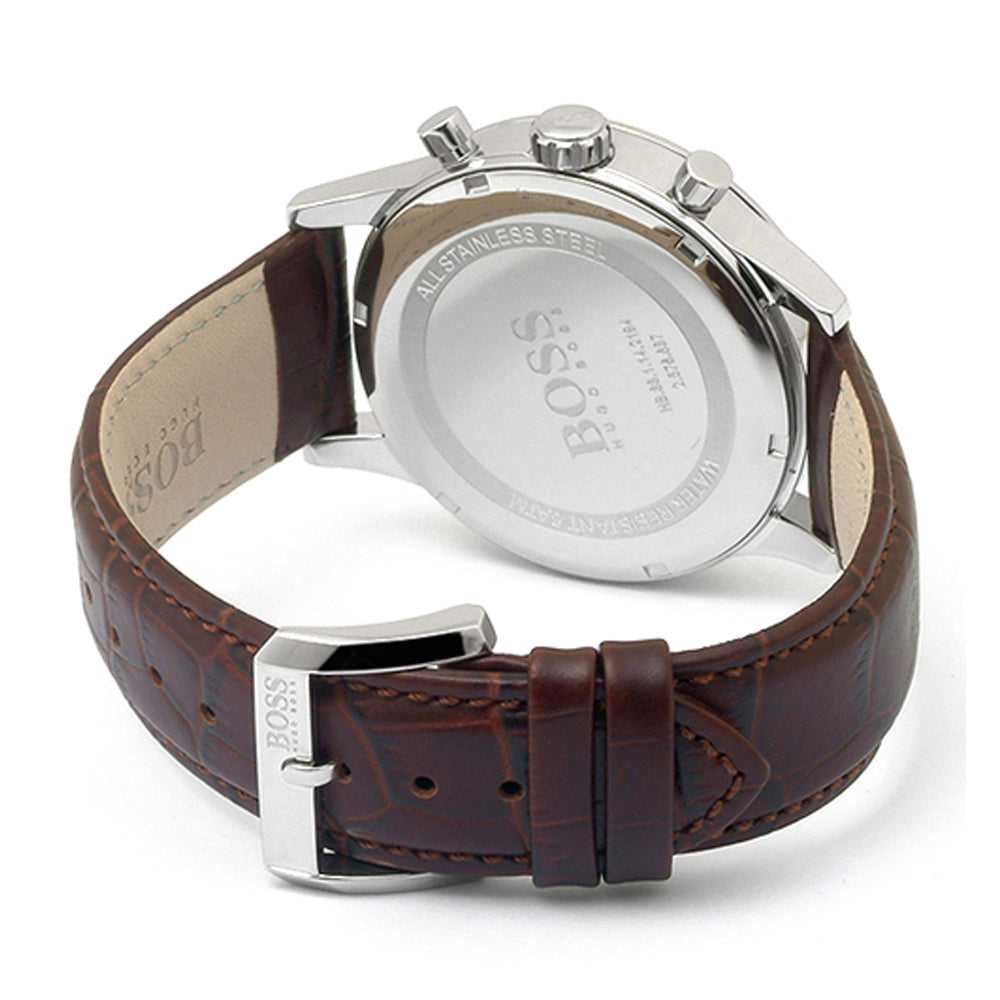 HUGO BOSS CHRONOGRAPH SILVER STAINLESS STEEL 1512447 BROWN LEATHER STRAP MEN'S WATCH - H2 Hub Watches