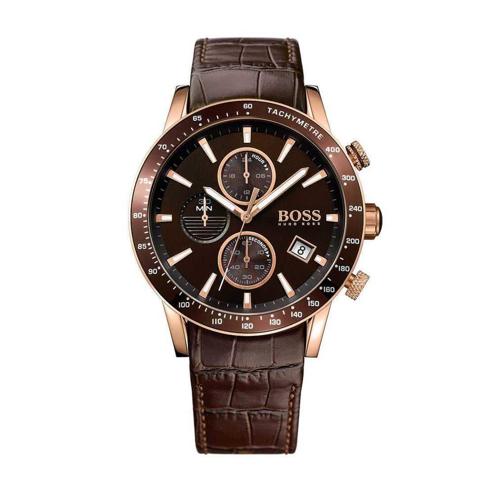 HUGO BOSS RAFALE CHRONOGRAPH ROSE GOLD STAINLESS STEEL 1513392 BROWN LEATHER STRAP MEN'S WATCH - H2 Hub Watches