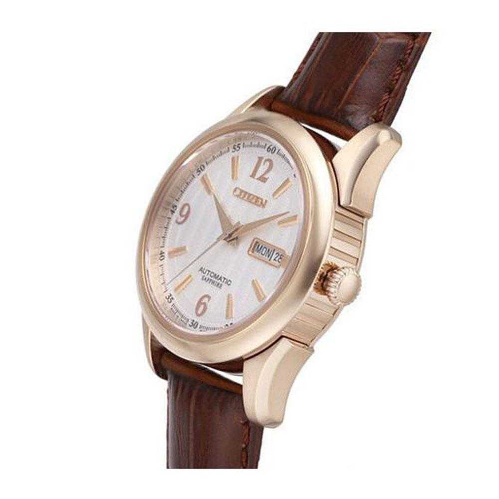CITIZEN NY4053-05AB AUTOMATIC ROSE GOLD STAINLESS STEEL BROWN LEATHER STRAP MEN'S WATCH - H2 Hub Watches