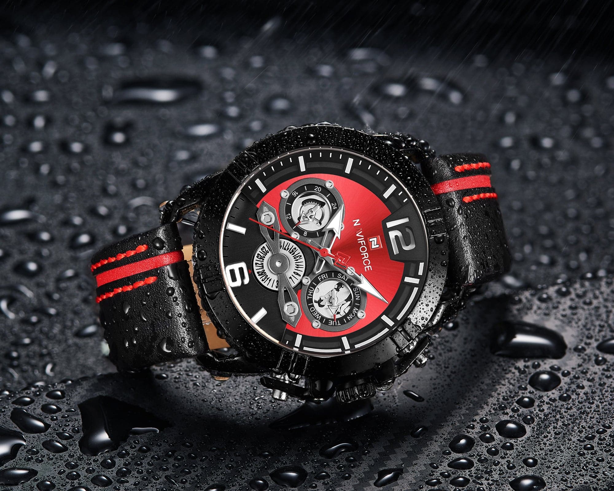 NAVIFORCE ANALOG NF9168 B/R/B STAINLESS STEEL CHRONOGRAPH QUARTZ MEN'S WATCH - H2 Hub Watches