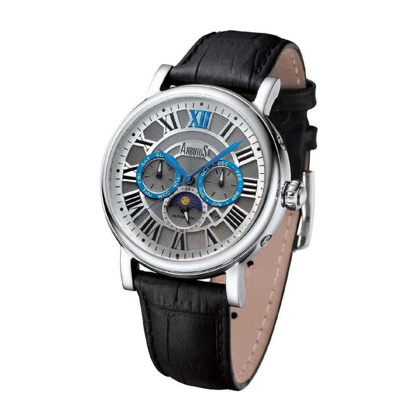 ARBUTUS AUTOMATIC SILVER STAINLESS STEEL AR912SWB BLACK LEATHER STRAP MEN'S WATCH - H2 Hub Watches