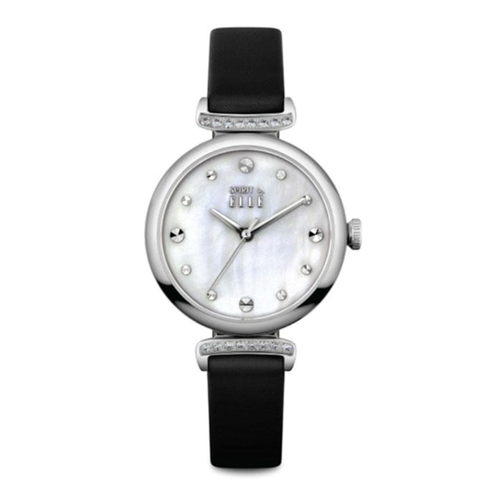 ELLE SPIRIT ANALOG QUARTZ SILVER STAINLESS STEEL ES21027S07X BLACK LEATHER STRAP WOMEN'S WATCH - H2 Hub Watches