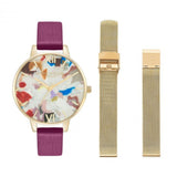 OLIVIA BURTON  POP ART DEMI DIAL, ORCHID ECO VEGAN & PALE GOLD MESH STRAP WOMEN'S WATCH GIFT SET OBGSET153