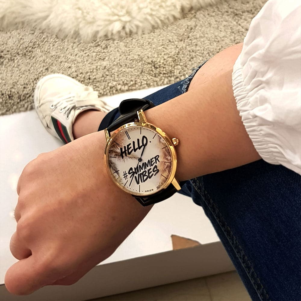 ARIES GOLD CUSTOMISED GOLD STAINLESS STEEL WATCH - HELLO SUMMER VIBES UNISEX LEATHER STRAP WATCH - H2 Hub Watches