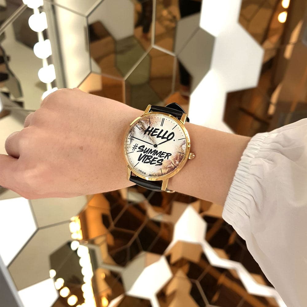 ARIES GOLD CUSTOMISED GOLD STAINLESS STEEL WATCH - HELLO SUMMER VIBES UNISEX LEATHER STRAP WATCH - H2 Hub Watches