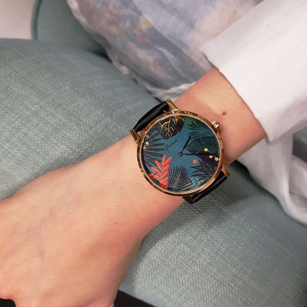 ARIES GOLD CUSTOMISED GOLD STAINLESS STEEL WATCH - GREEN FLORAL LEATHER STRAP WOMAN'S WATCH - H2 Hub Watches