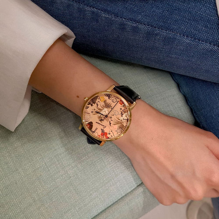 ARIES GOLD CUSTOMISED GOLD STAINLESS STEEL WATCH - NUDE FLORAL LEATHER STRAP WOMAN'S WATCH - H2 Hub Watches