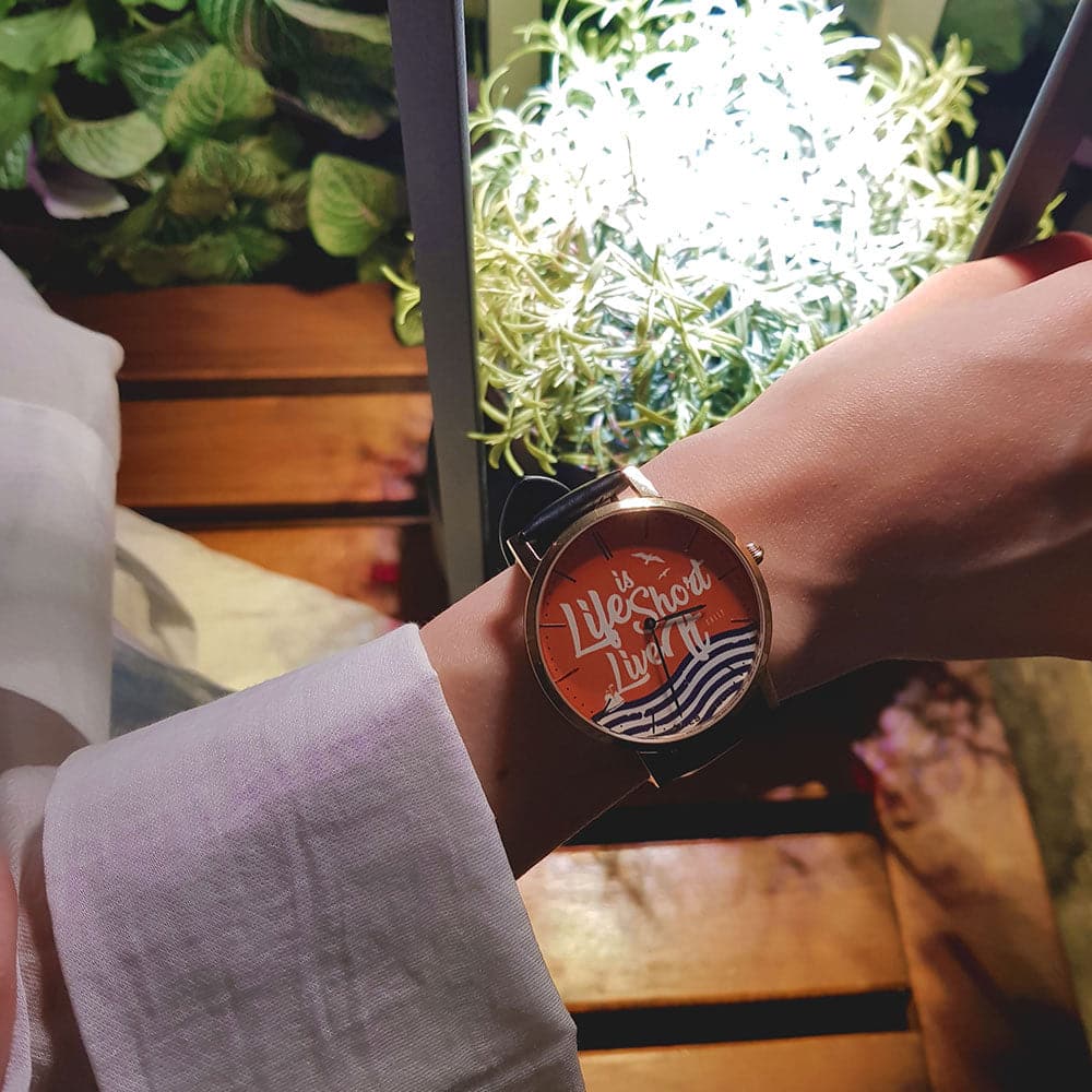 ARIES GOLD CUSTOMISED GOLD STAINLESS STEEL WATCH - LIFE IS SHORT LIVE IT ORANGE UNISEX LEATHER STRAP WATCH - H2 Hub Watches
