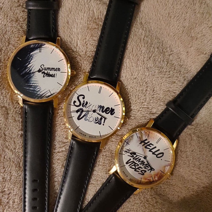 ARIES GOLD CUSTOMISED GOLD STAINLESS STEEL WATCH - SUMMER VIBES WHITE UNISEX LEATHER STRAP WATCH - H2 Hub Watches