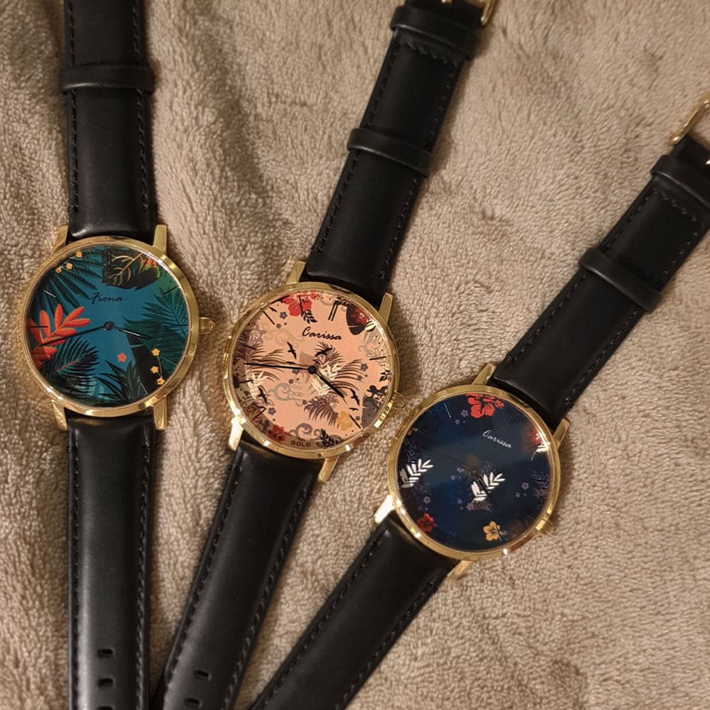ARIES GOLD CUSTOMISED GOLD STAINLESS STEEL WATCH - GREEN FLORAL LEATHER STRAP WOMAN'S WATCH - H2 Hub Watches