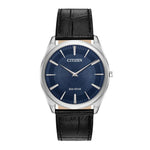 CITIZEN AR3070-04L STILETTO ECO-DRIVE CHRONOGRAPH SILVER STAINLESS STEEL BLACK LEATHER STRAP MEN'S WATCH - H2 Hub Watches